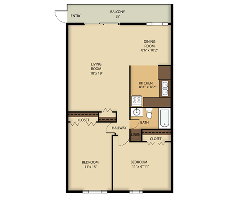 Floor plan for 2 beds, 1 bath, 900 sqft